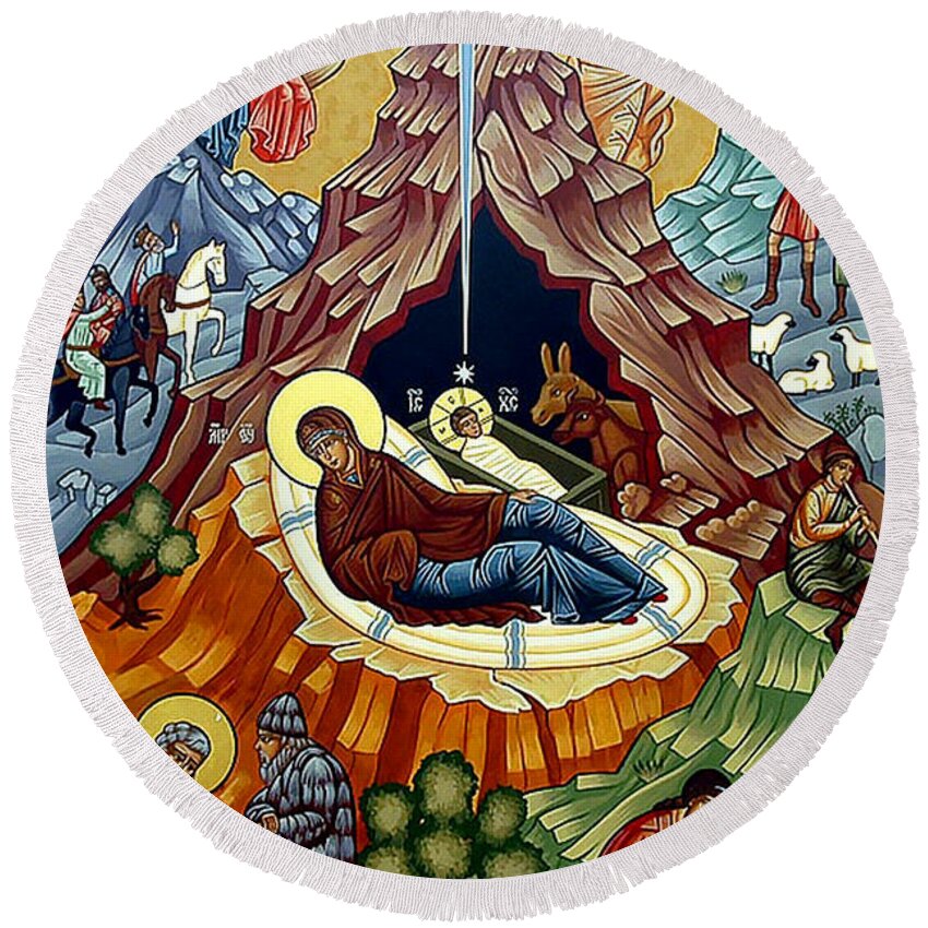 Orthodox Round Beach Towel featuring the painting Orthodox Nativity of Christ by Munir Alawi