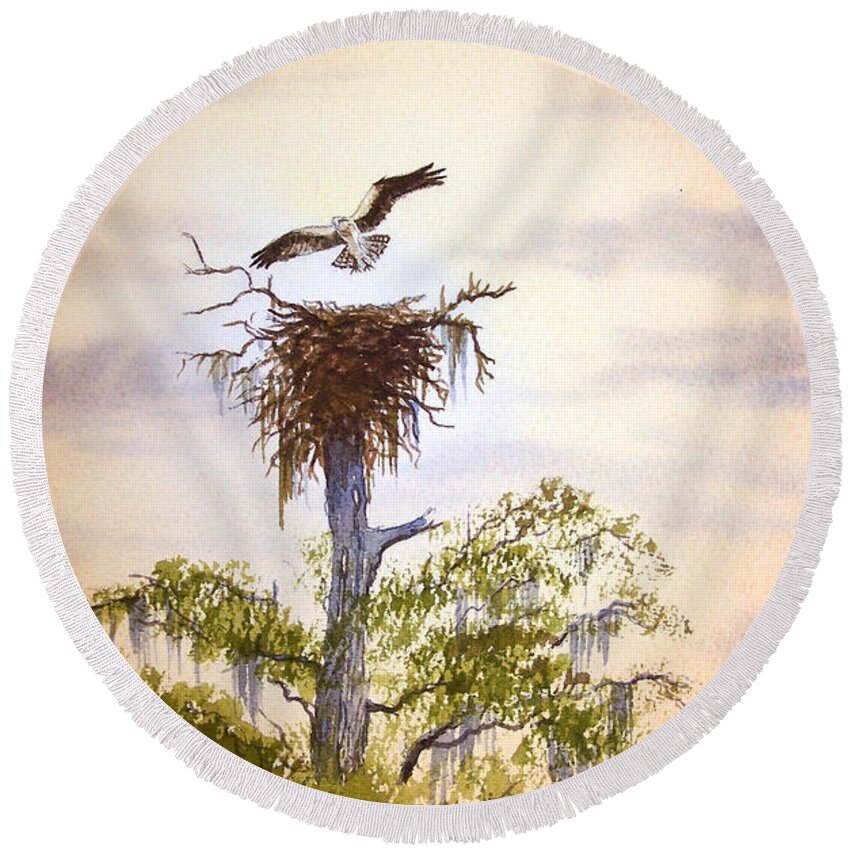 Osprey Round Beach Towel featuring the painting Osprey Approaching Nest by Bill Holkham