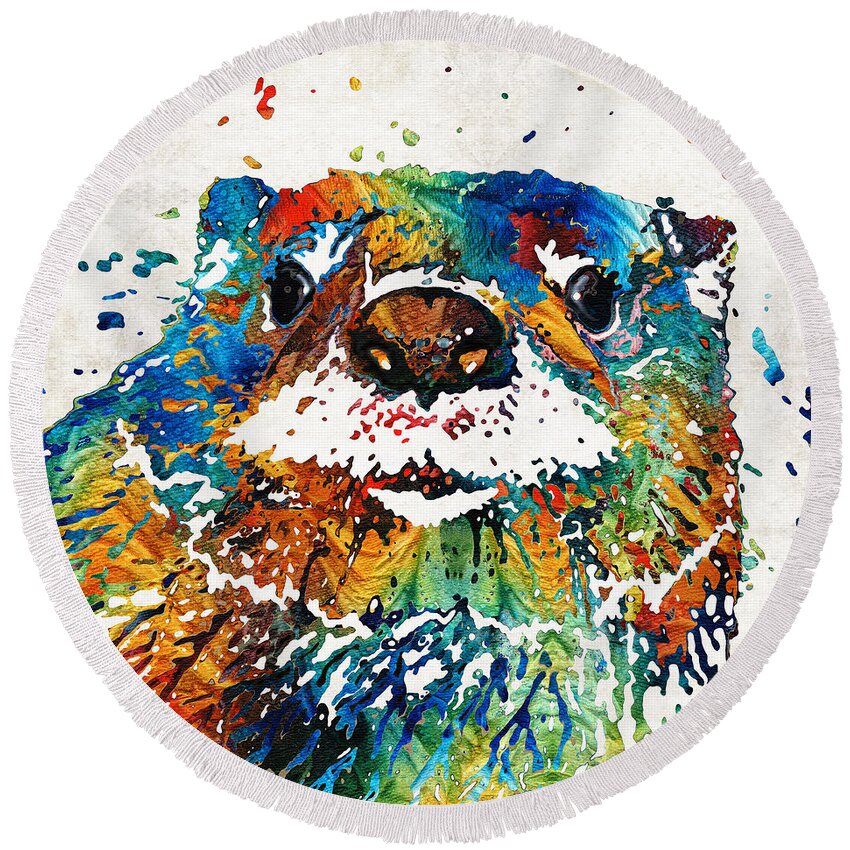 Otter Round Beach Towel featuring the painting Otter Art - Ottertude - By Sharon Cummings by Sharon Cummings