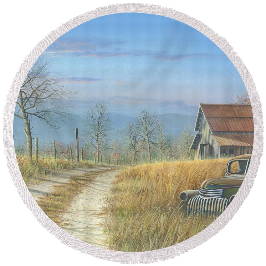 Landscape Round Beach Towel featuring the painting Our Time has Come and Gone by Mike Brown