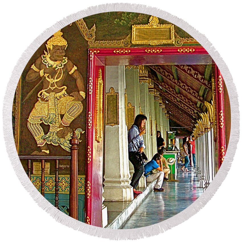 Outer Hall In Thai-khmer Pagoda At Grand Palace Of Thailand In Bangkok Round Beach Towel featuring the photograph Outer Hall in Thai-Khmer Pagoda at Grand Palace of Thailand by Ruth Hager