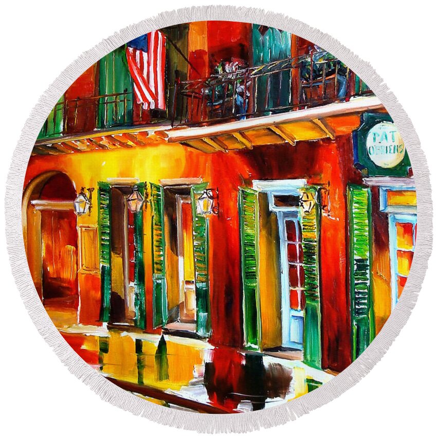 New Orleans Round Beach Towel featuring the painting Outside Pat O'Brien's Bar by Diane Millsap