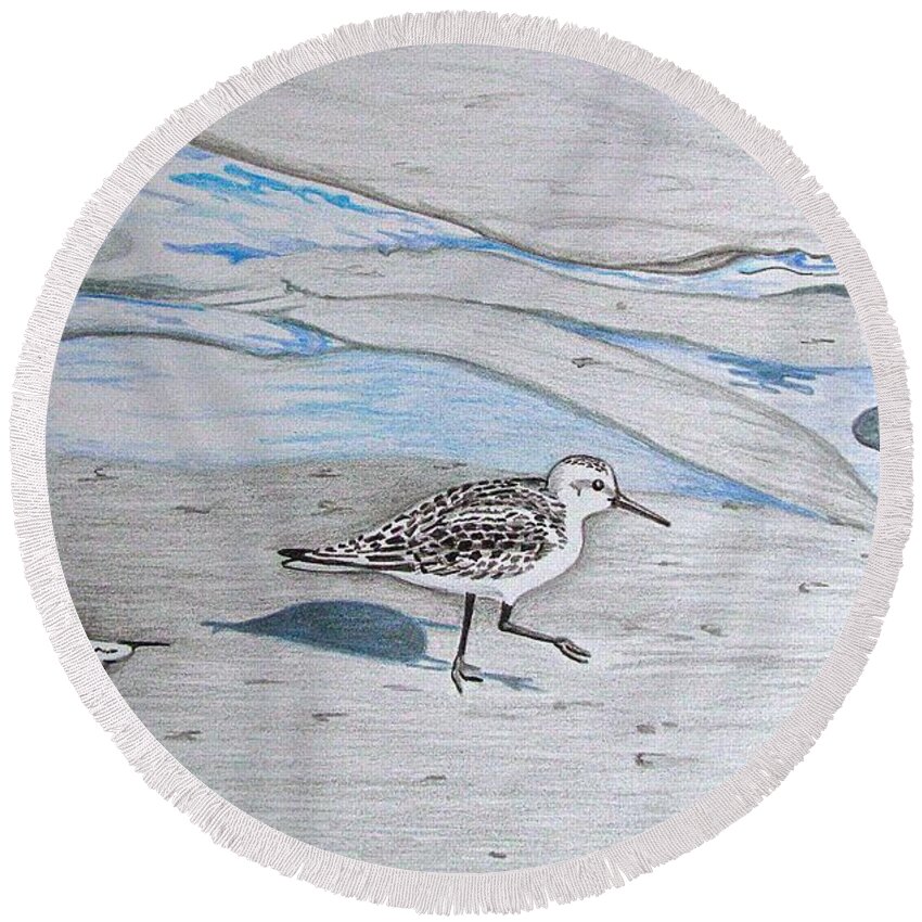 Birds Round Beach Towel featuring the drawing Overcast Day with Sanderlings by Linda Williams