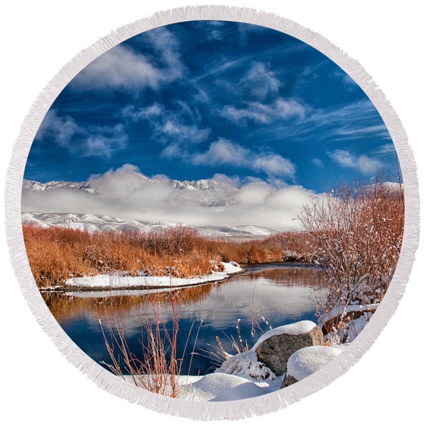 River Water Reflection Mountains Blue California eastern Sierra Nature Scenic Landscape Day Sky Clouds Round Beach Towel featuring the photograph Owens River Cloudscapes by Cat Connor