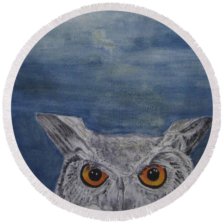Owl Round Beach Towel featuring the painting Owl by moonlight by Elvira Ingram