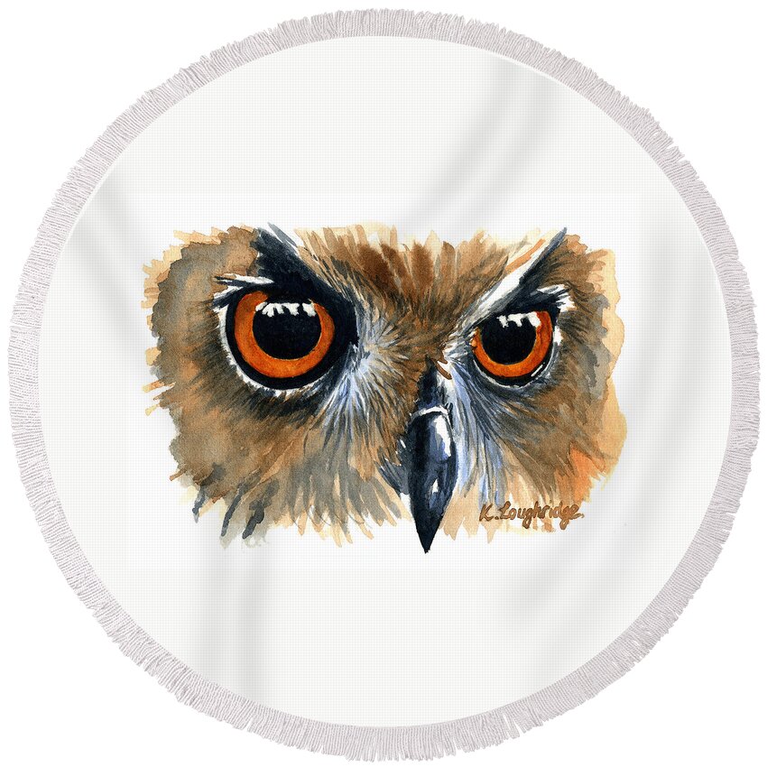 Owl Round Beach Towel featuring the painting Owl by Karen Loughridge KLArt