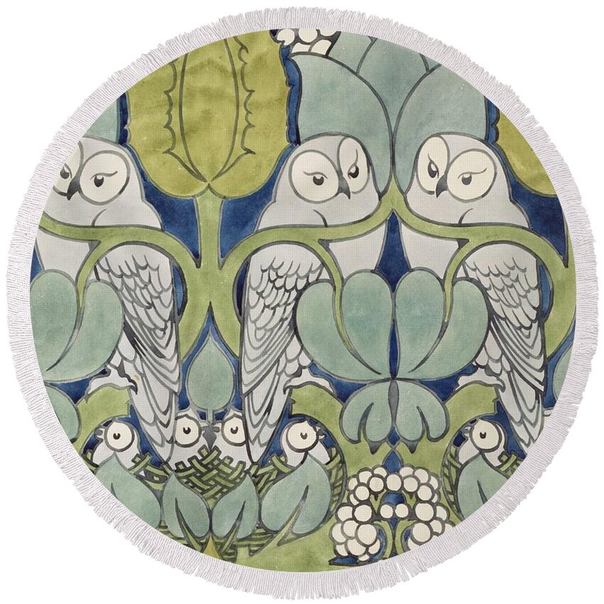 Textile Or Wallpaper Design Round Beach Towel featuring the painting Owls, 1913 by Charles Francis Annesley Voysey