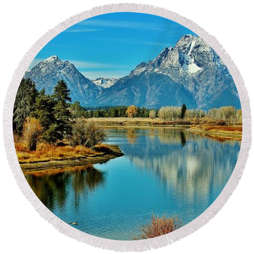 Grand Tetons Round Beach Towel featuring the photograph Oxbow Autumn by Benjamin Yeager