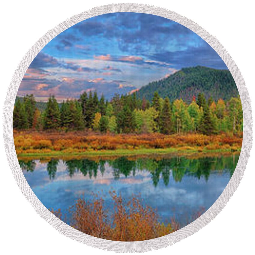 Oxbow Bend Round Beach Towel featuring the photograph Oxbow Bend Early Autumn Panorama by Greg Norrell