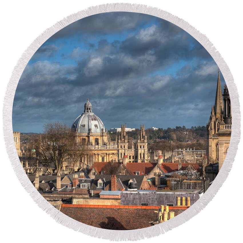 Architecture Round Beach Towel featuring the photograph Oxford Skyline by Mark Llewellyn