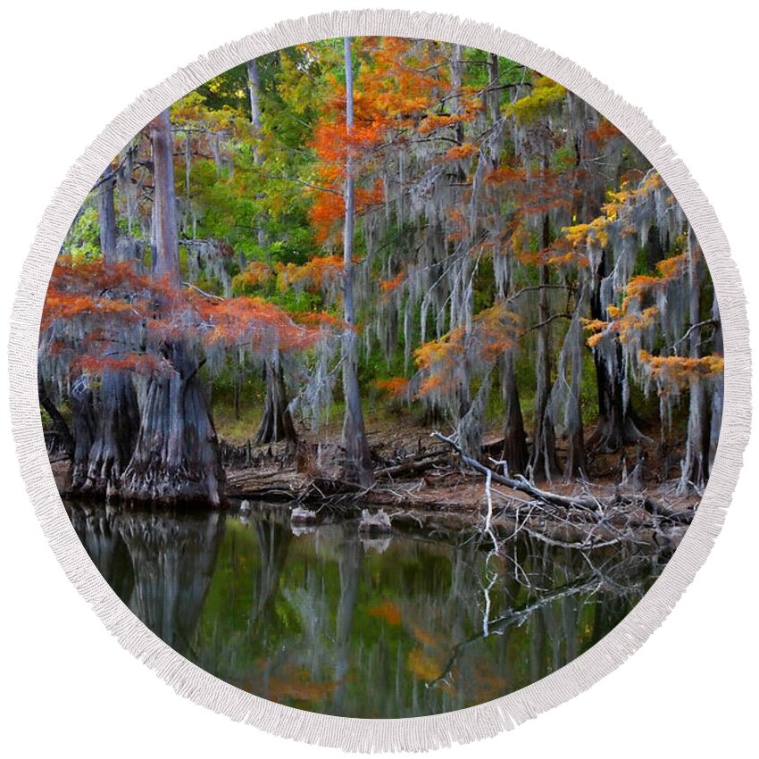 Autumn Round Beach Towel featuring the photograph Painted Bayou by Lana Trussell
