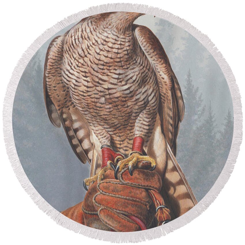 Acrylic Painting Round Beach Towel featuring the photograph Painting Of Goshawk Perched by Ikon Images