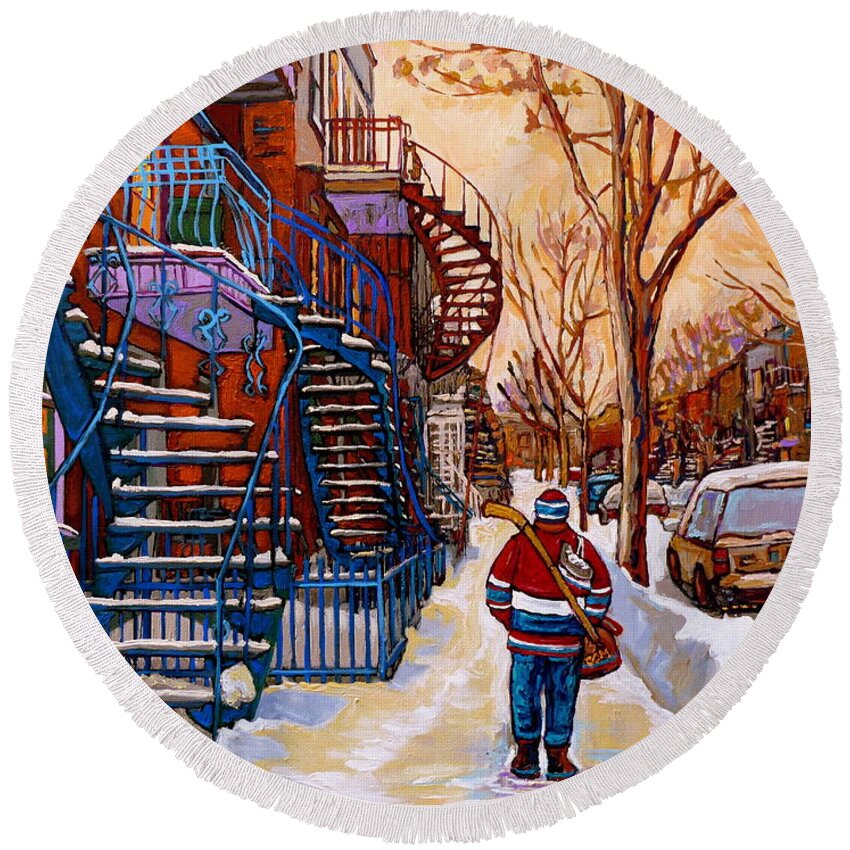 Montreal Round Beach Towel featuring the painting Paintings Of Montreal Beautiful Staircases In Winter Walking Home After The Game By Carole Spandau by Carole Spandau
