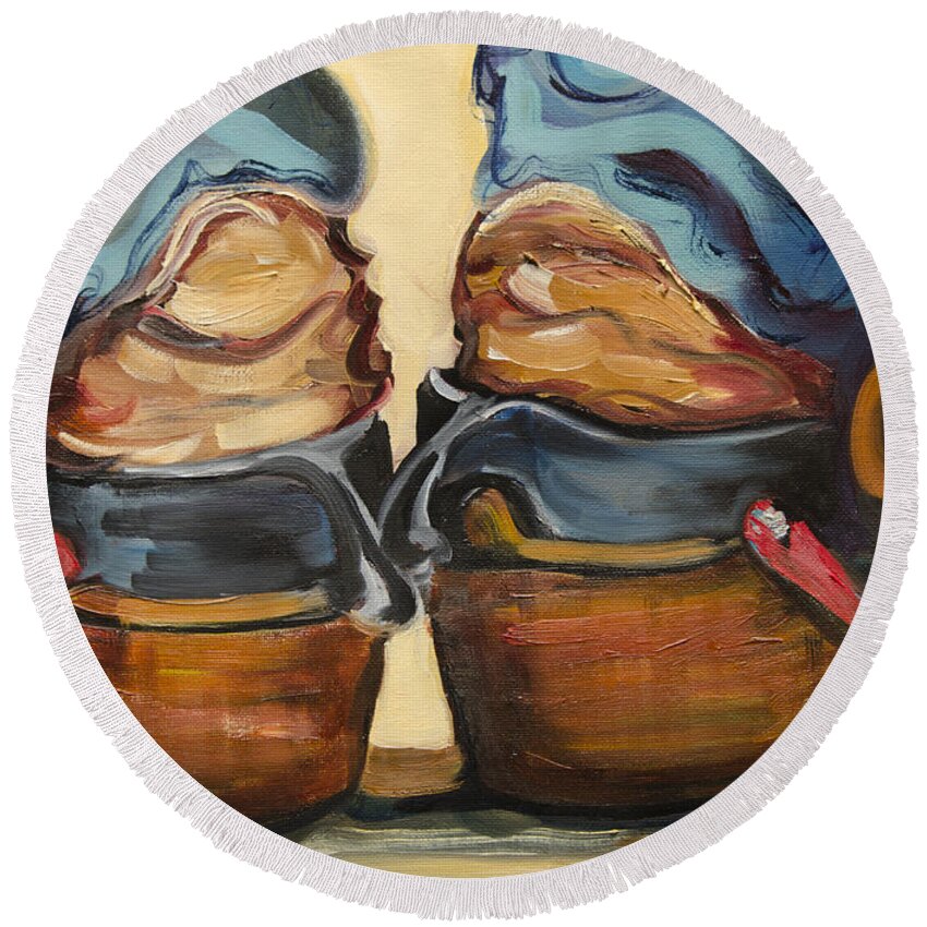 Western Art Oil Painting Round Beach Towel featuring the painting Pair of Boots by Diane Whitehead