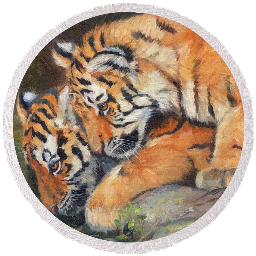 Tigers Round Beach Towel featuring the painting Pair of Tiger Cubs by David Stribbling