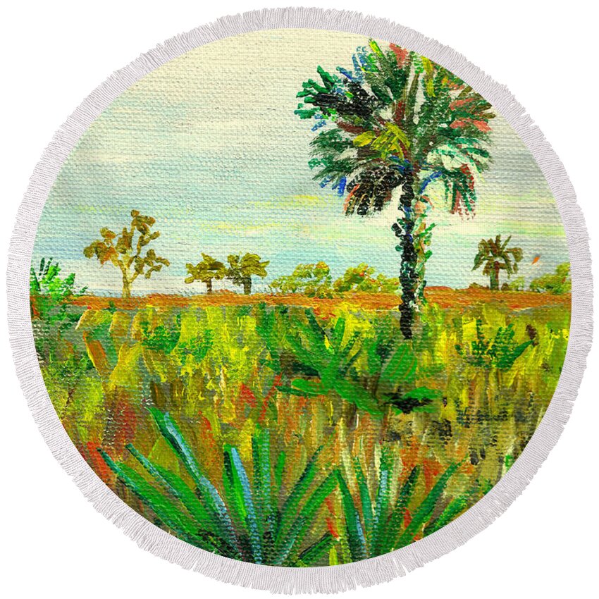 Palm And Palmetto Round Beach Towel featuring the painting Palm and Palmetto by Lou Ann Bagnall