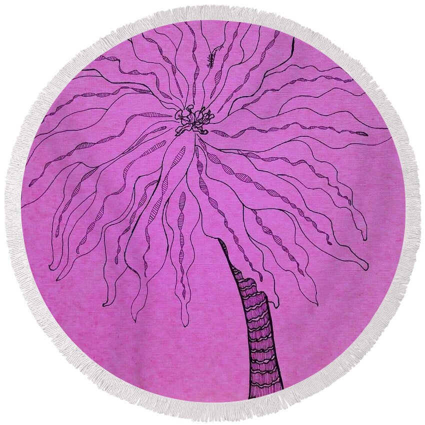 Palm Round Beach Towel featuring the drawing Palm Purple by Anita Lewis