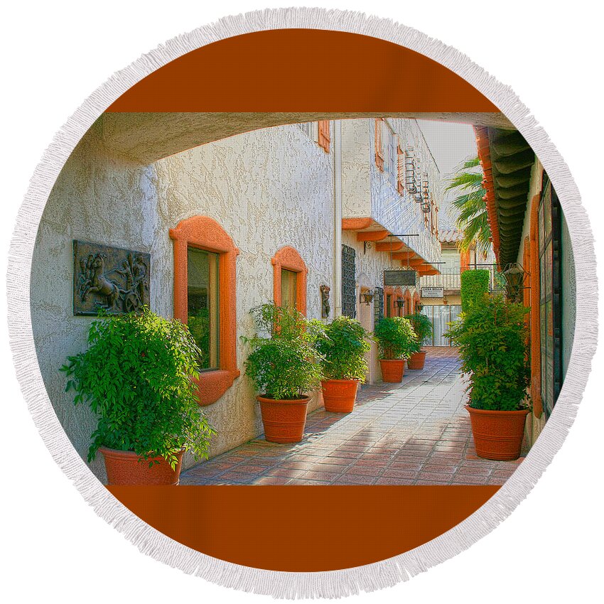 Architecture Round Beach Towel featuring the photograph Palm Springs Courtyard by Ben and Raisa Gertsberg
