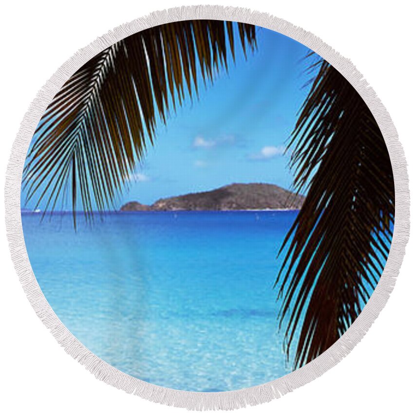 Photography Round Beach Towel featuring the photograph Palm Tree On The Beach, Maho Bay by Panoramic Images
