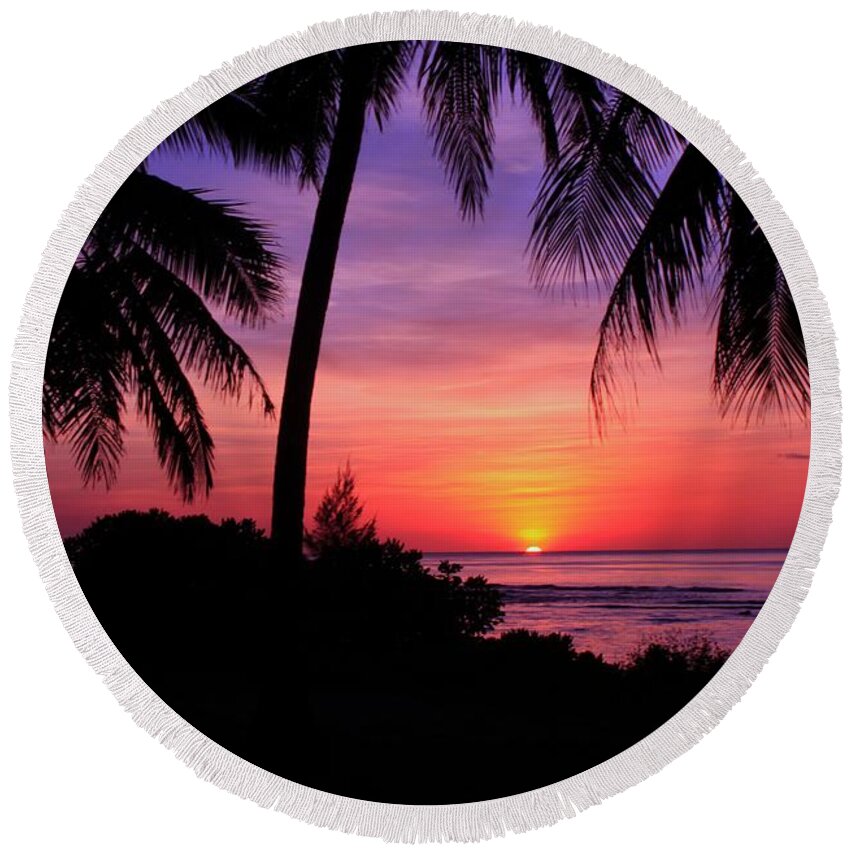 Beautiful-sunsets Round Beach Towel featuring the photograph Palm Tree Sunset in Paradise by Scott Cameron