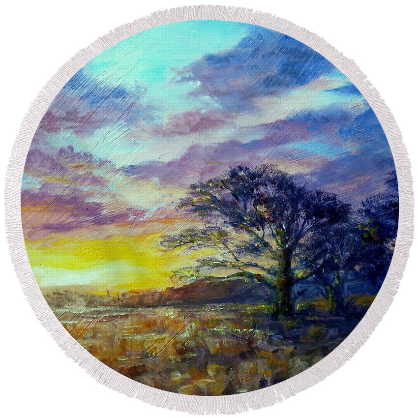Landscape Round Beach Towel featuring the painting Pampa Sunset by Silvana Miroslava Albano