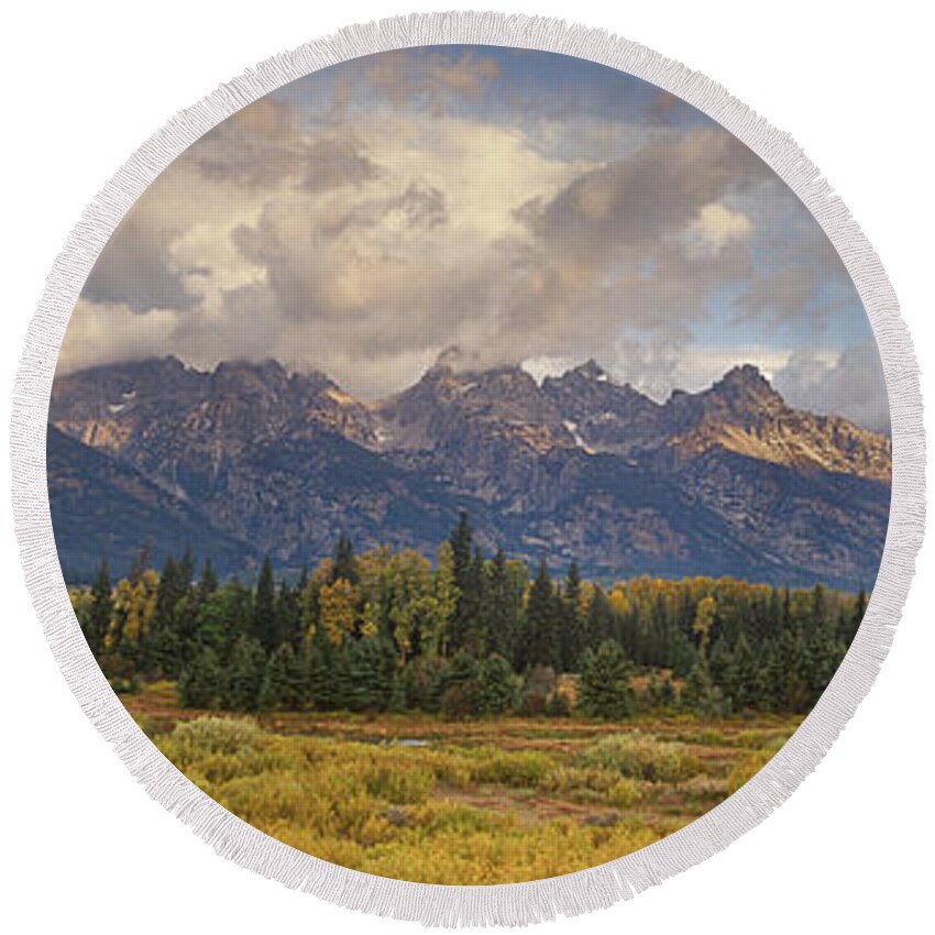North America Round Beach Towel featuring the photograph Panaroma Clearing Storm on a Fall Morning in Grand Tetons National Park by Dave Welling