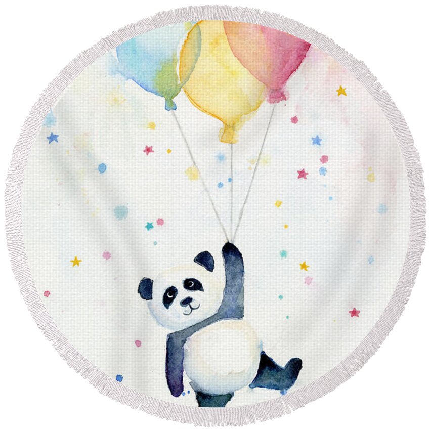 Panda Round Beach Towel featuring the painting Panda Floating with Balloons by Olga Shvartsur