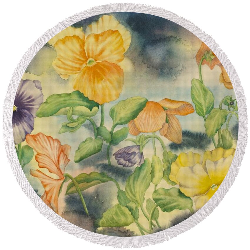 Pansies Round Beach Towel featuring the painting Pansies by Heather Gallup