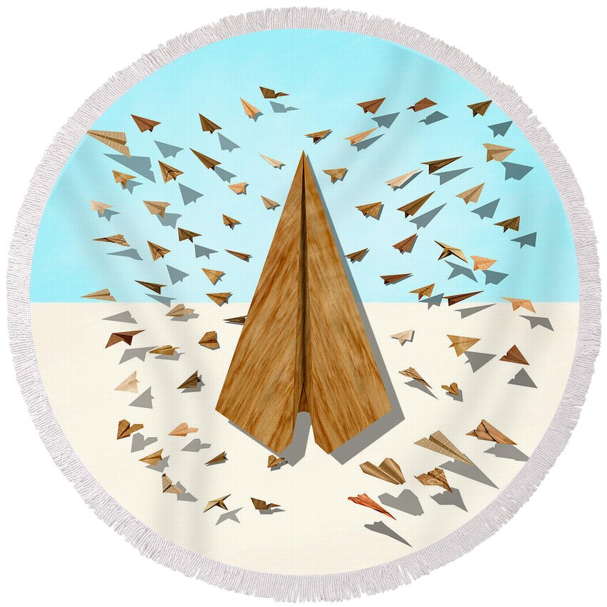 Aircraft Round Beach Towel featuring the digital art Paper Airplanes of Wood 10 by YoPedro