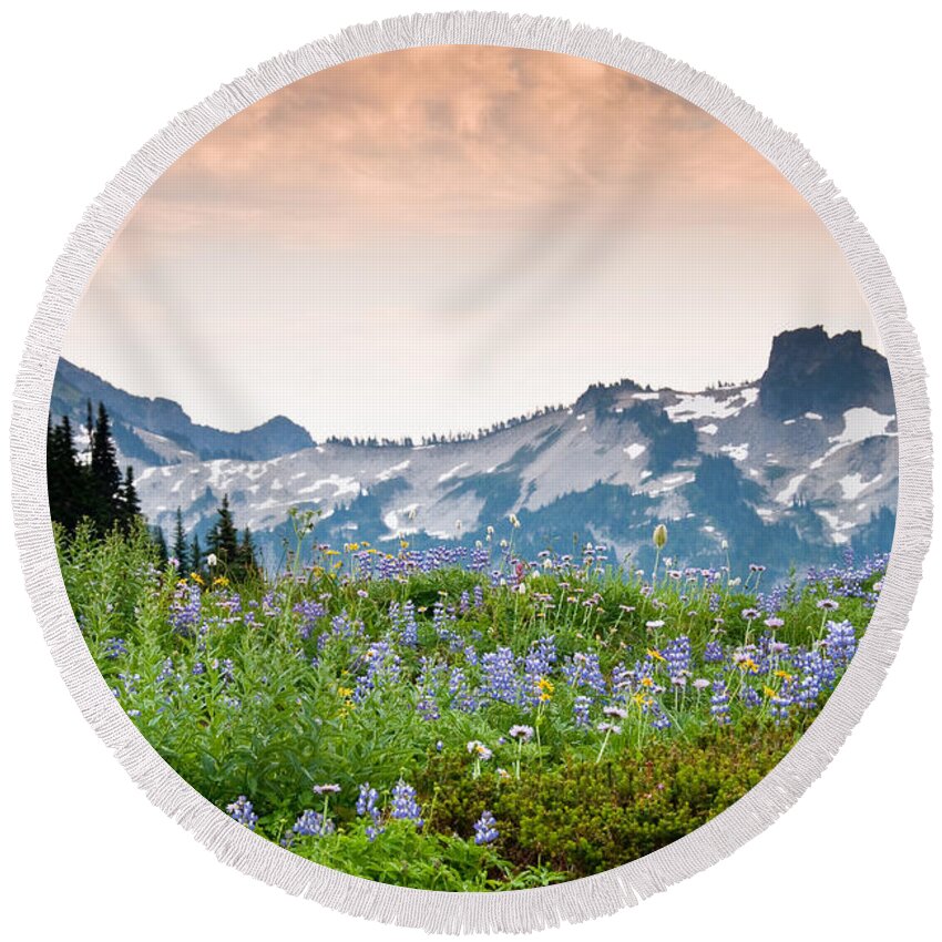 Alpine Round Beach Towel featuring the photograph Paradise Meadows and the Tatoosh Range by Jeff Goulden