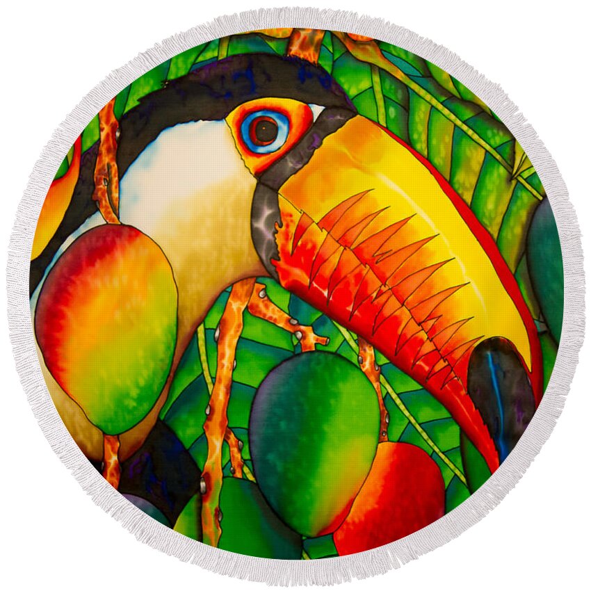 Mango Fruit Round Beach Towel featuring the painting Paradise Toucan by Daniel Jean-Baptiste