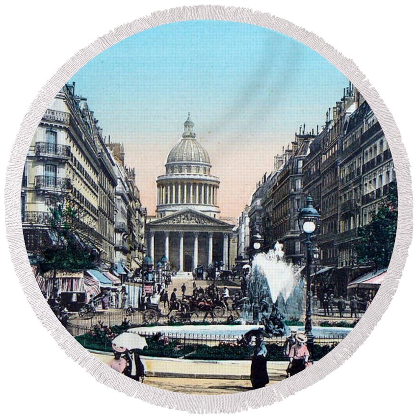 Paris 1910 Round Beach Towel featuring the photograph Paris 1910 Rue Soufflot And Pantheon by Ira Shander