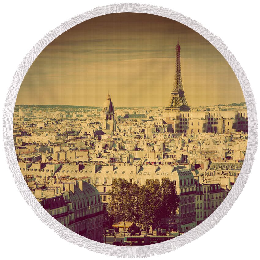 City Round Beach Towel featuring the photograph Paris panorama France retro by Michal Bednarek