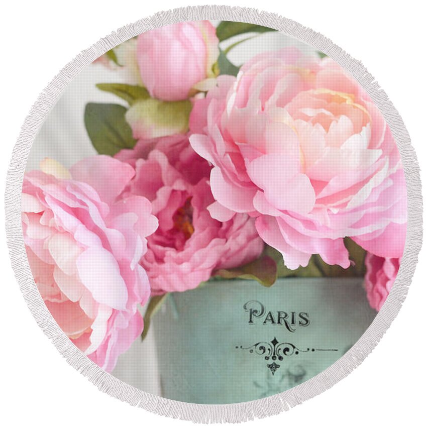 Paris Round Beach Towel featuring the photograph Paris Peonies Shabby Chic Dreamy Pink Peonies Romantic Cottage Chic Paris Peonies Floral Art by Kathy Fornal