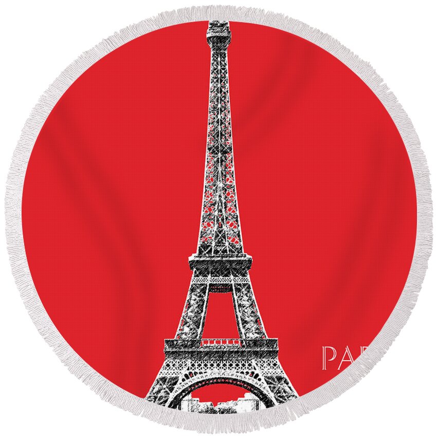 Architecture Round Beach Towel featuring the digital art Paris Skyline Eiffel Tower - Red by DB Artist