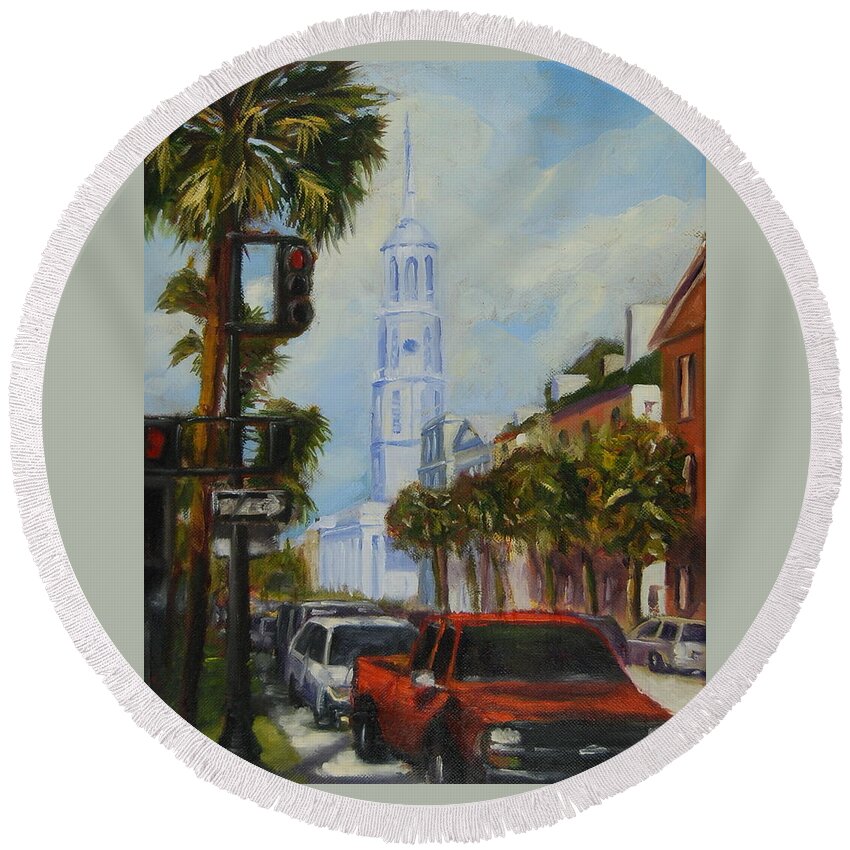 Charleston Round Beach Towel featuring the painting Parked in Charleston by Will Germino
