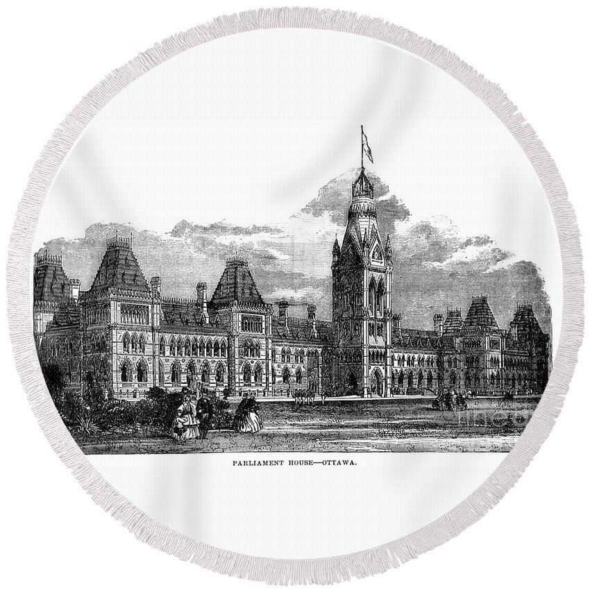 Canada Round Beach Towel featuring the drawing Parliament Building - Ottawa - 1878 by Art MacKay