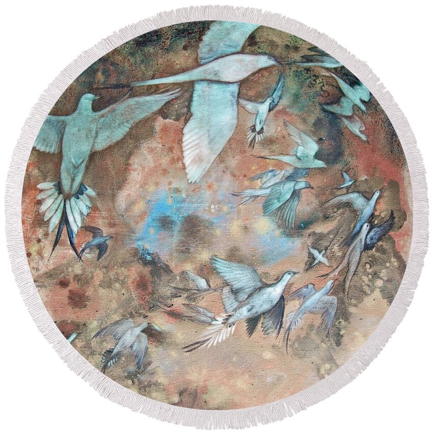 Bird Round Beach Towel featuring the painting Passing II by Helen Klebesadel