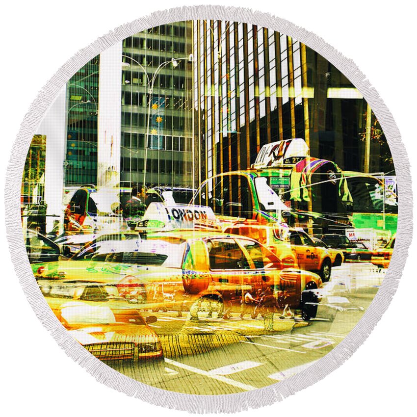 New York City Round Beach Towel featuring the photograph Passion NYC Midtown Noon Traffic by Sabine Jacobs