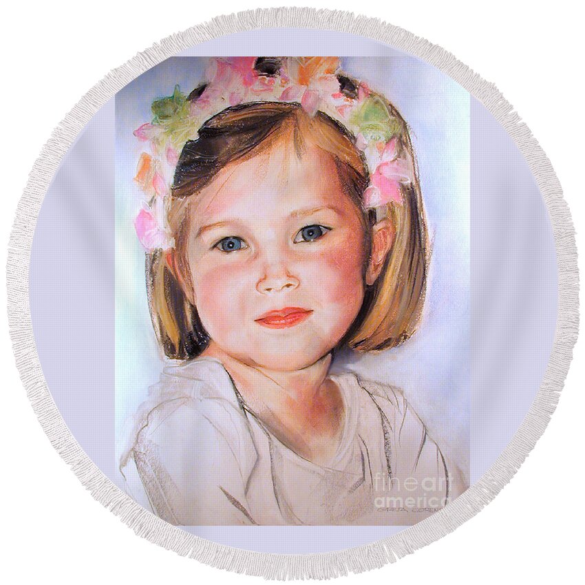 Pastel Portrait Of Young Girl Round Beach Towel featuring the painting Pastel portrait of girl with flowers in her hair by Greta Corens