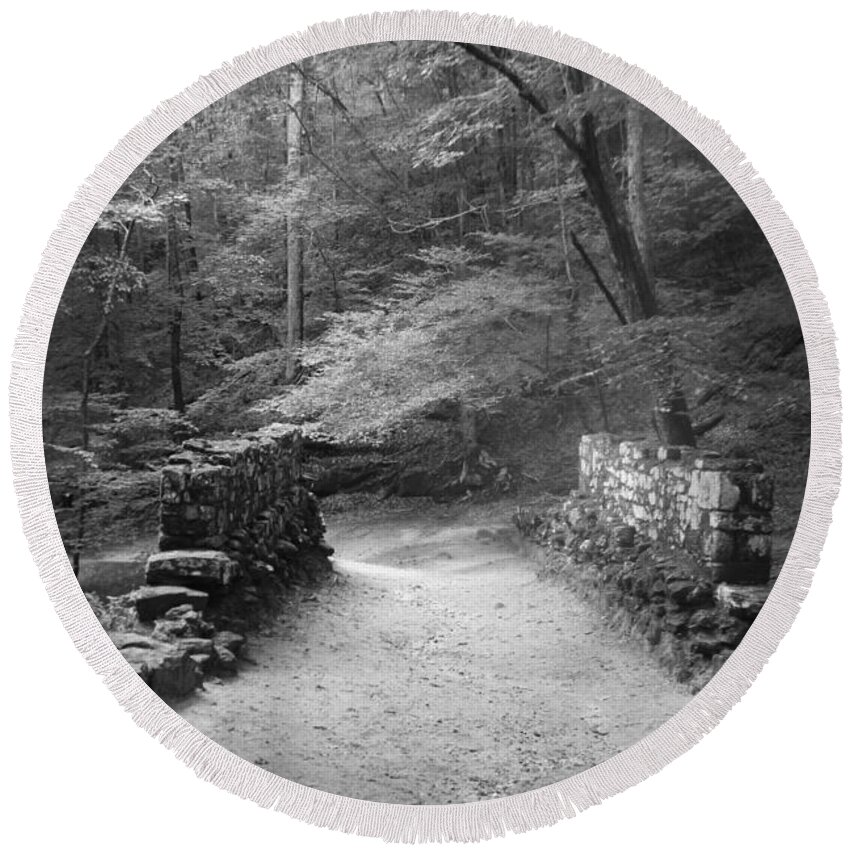 Kelly Hazel Round Beach Towel featuring the photograph Path in Black and White by Kelly Hazel