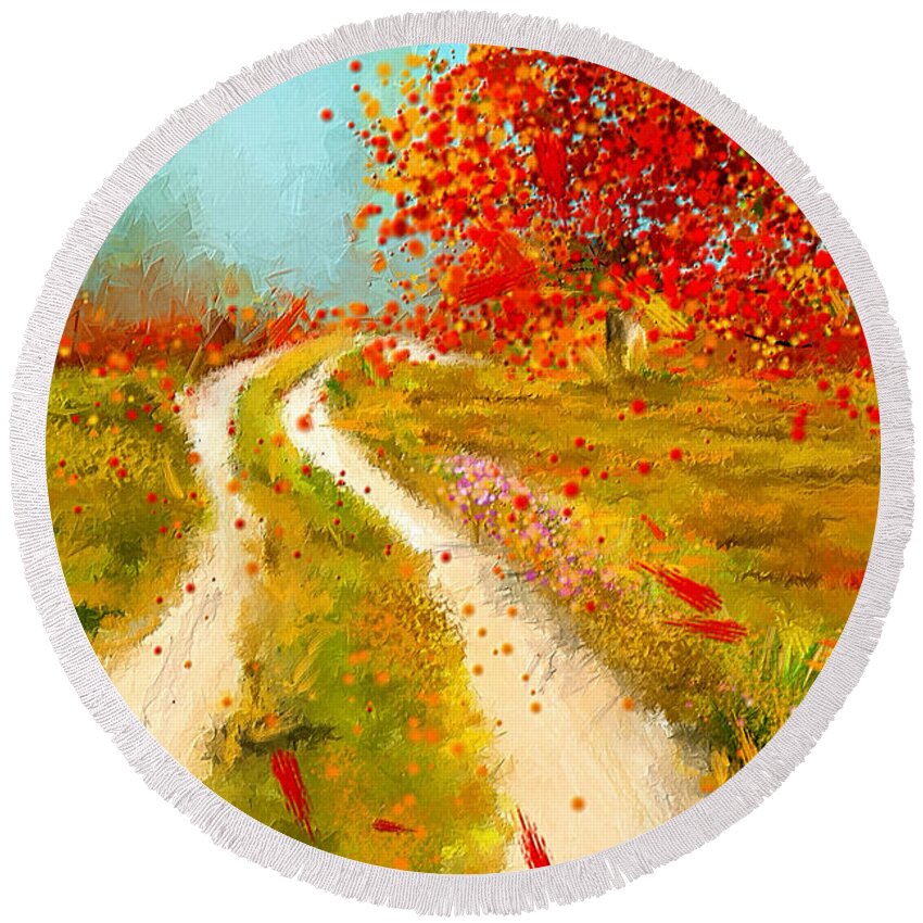 Gray And Red Art Round Beach Towel featuring the painting Path To Change- Autumn Impressionist Painting by Lourry Legarde