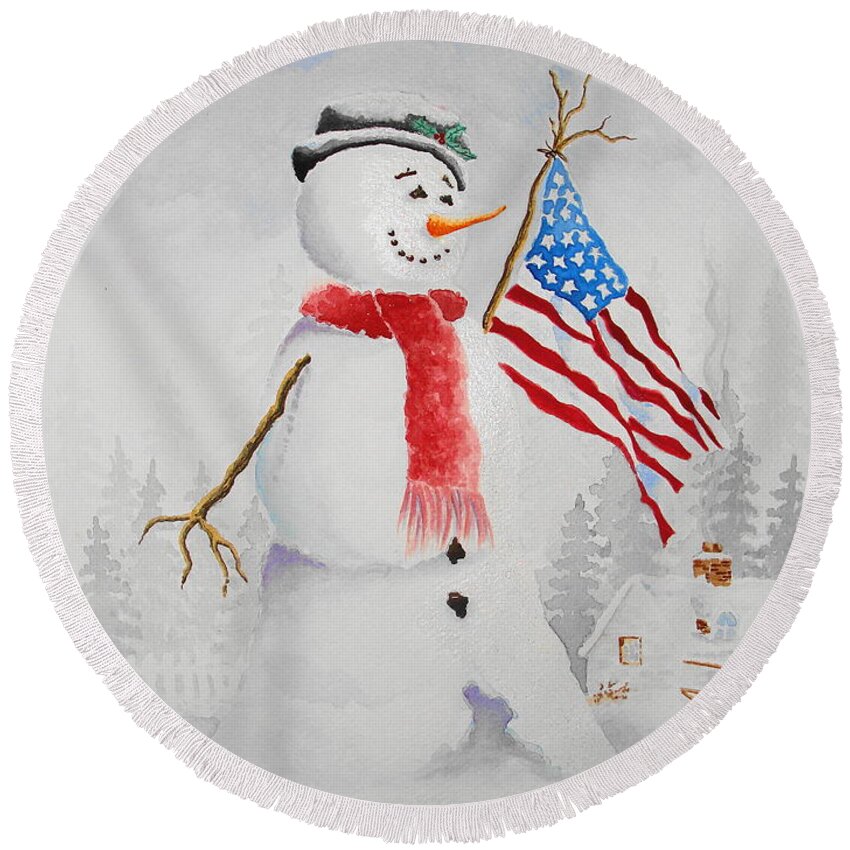 Winter Round Beach Towel featuring the painting Patriotic Snowman by Jimmy Smith