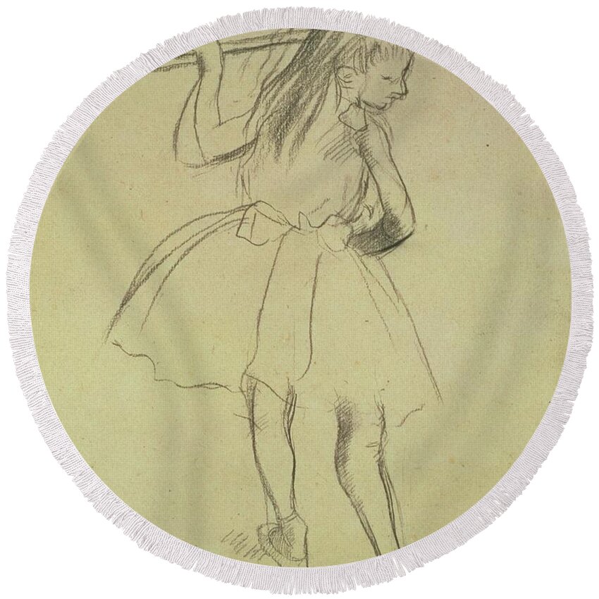 Impressionist Round Beach Towel featuring the drawing Girl Dancer At The Barre by Edgar Degas