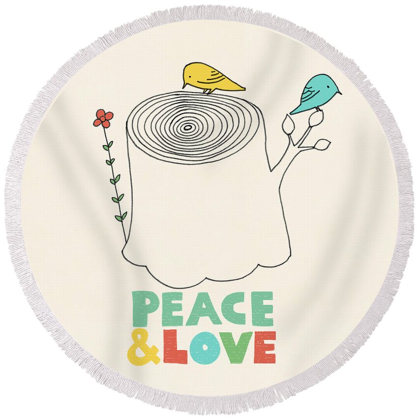 Birds Round Beach Towel featuring the drawing Peace and Love by Eric Fan