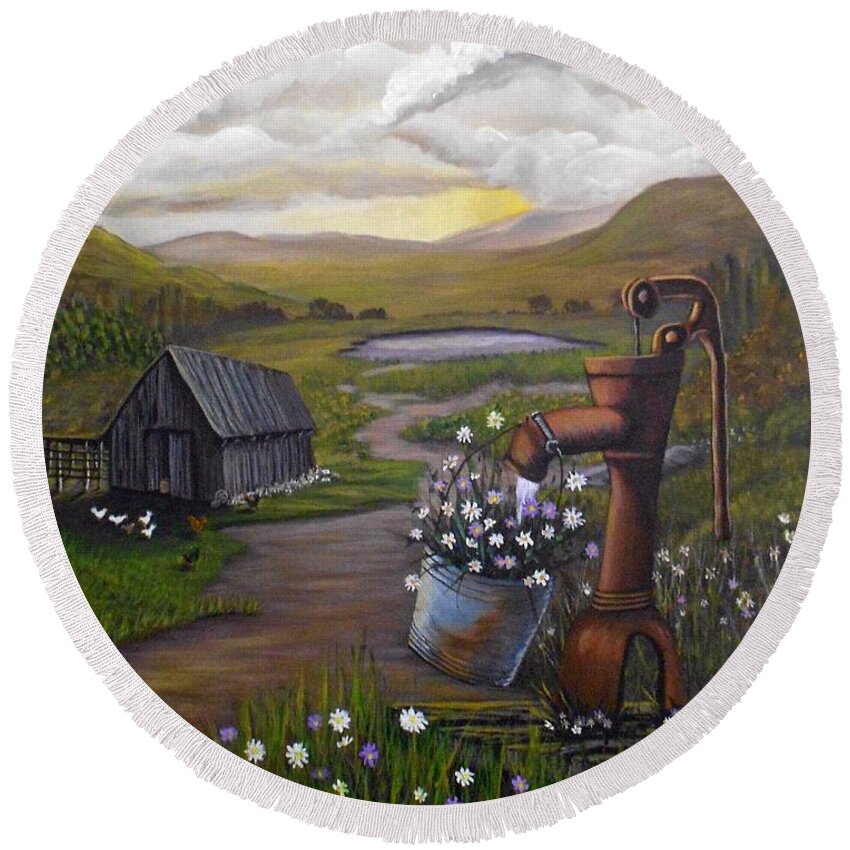 Landscape Round Beach Towel featuring the painting Peace in the Valley by Sheri Keith