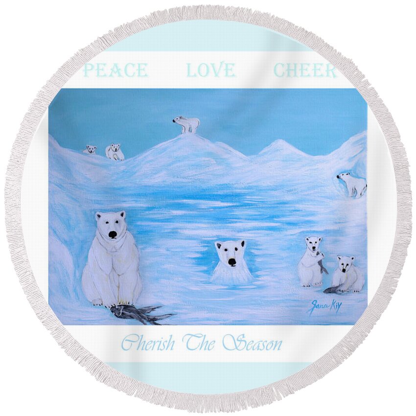 Polar Bears Round Beach Towel featuring the digital art Peace Love Cheer by Oksana Semenchenko