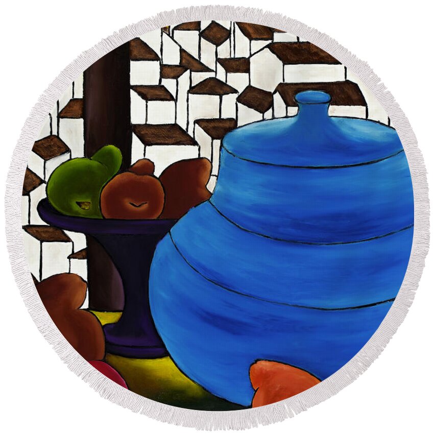 Pears Round Beach Towel featuring the painting Pears And Blue Pot by William Cain