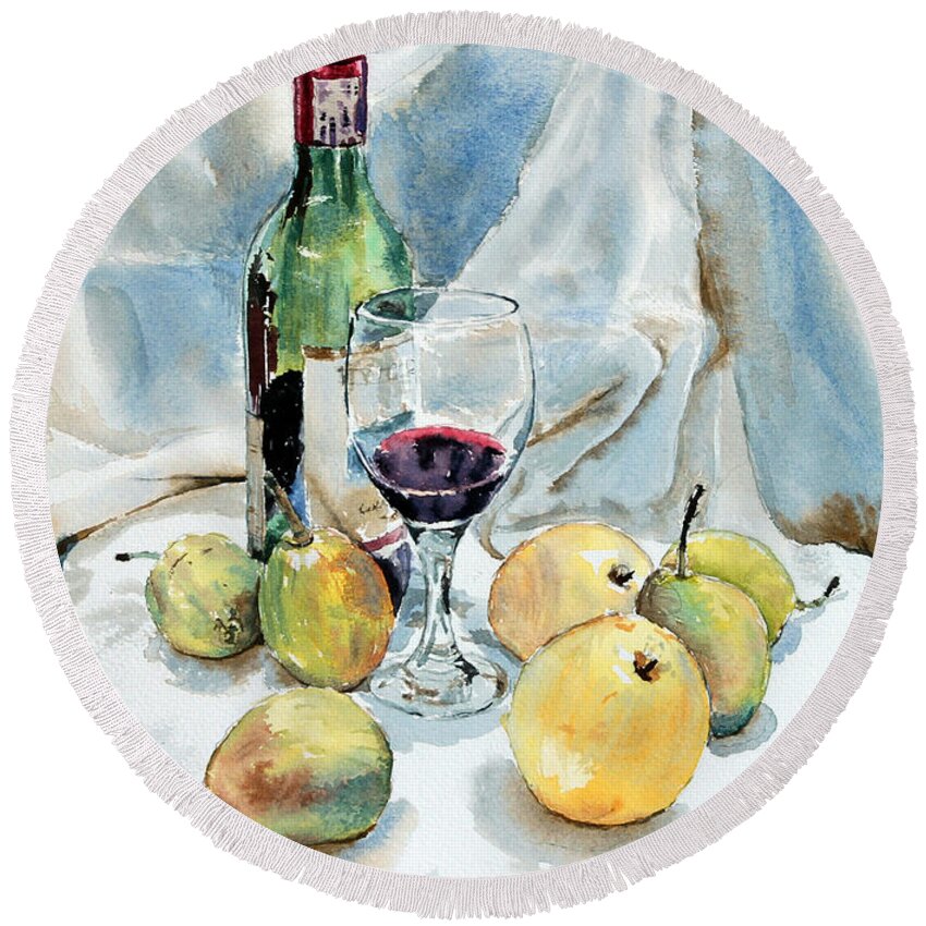 Pears Round Beach Towel featuring the painting Pears and Wine by Joey Agbayani