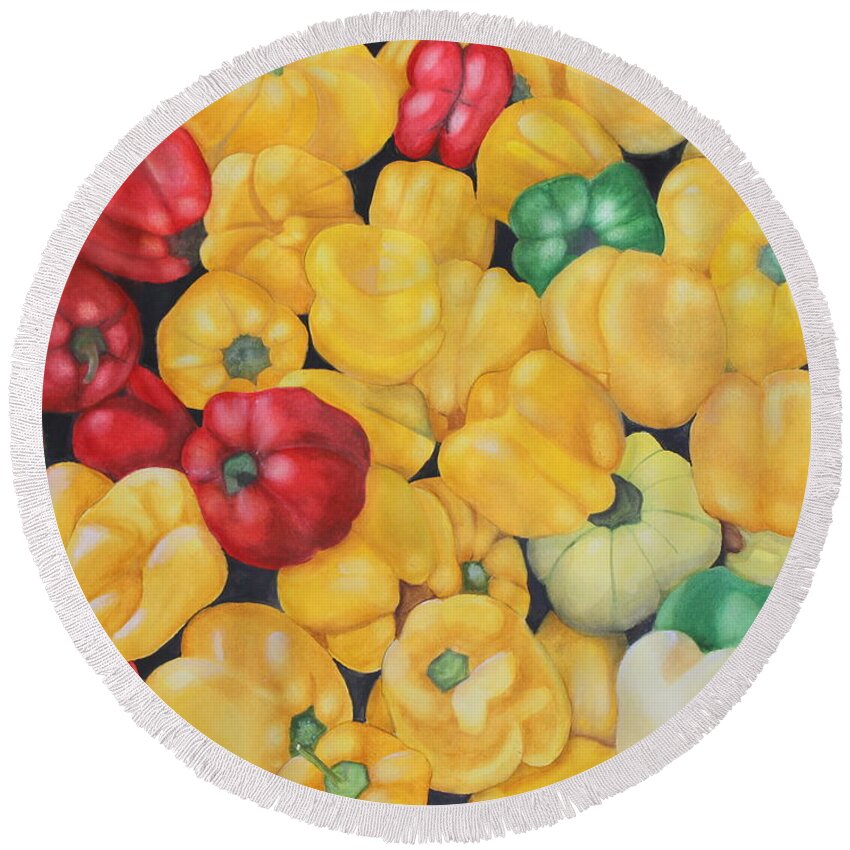 Produce Round Beach Towel featuring the painting Peck of Peppers Watercolor by Kimberly Walker